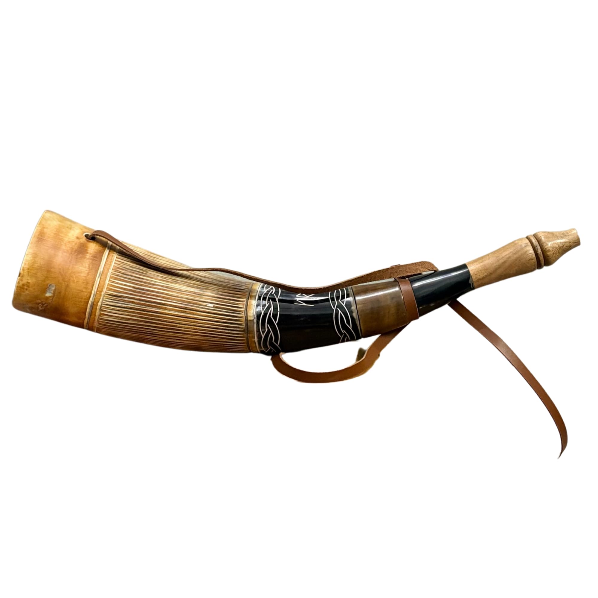 Corno da guerra tradizionale vichingo con cinturino in pelle, design celtico, tromba da battaglia 45,7 cm, realizzato in autentico corno di bue di alta qualità