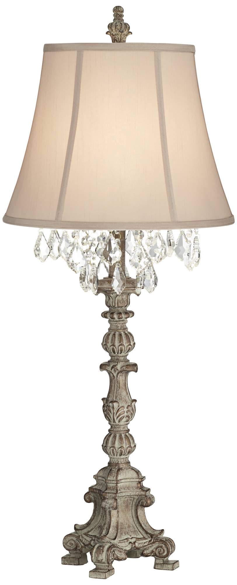 Barnes and Ivy Duval French Country Cottage Table Lamp 34" Tall Crystal Distressed Antique White Candlestick Beige Bell Shade Decor for Living Room