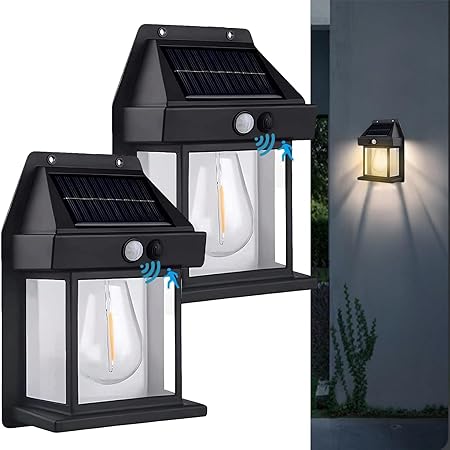 Catron Wall Lights Outdoor, Wireless Dusk to Dawn Porch Lights Fixture, Solar Wall Lantern with 3 Modes & Motion Sensor, Waterproof Exterior Lighting with Clear Panel for Entryway (1 Pack-Black)