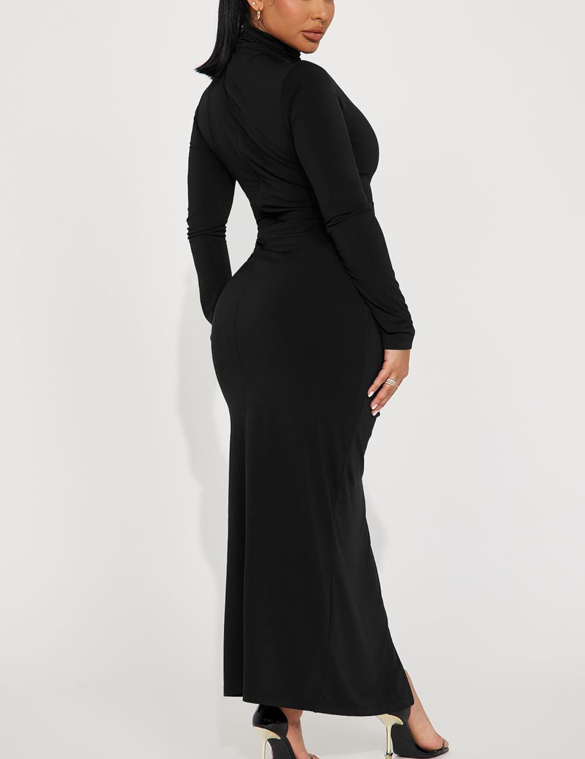 HOCILLE Women's Sexy Long Sleeve Bodycon Casual Turtleneck Party Ruched Slit Maxi Dress - Image 3