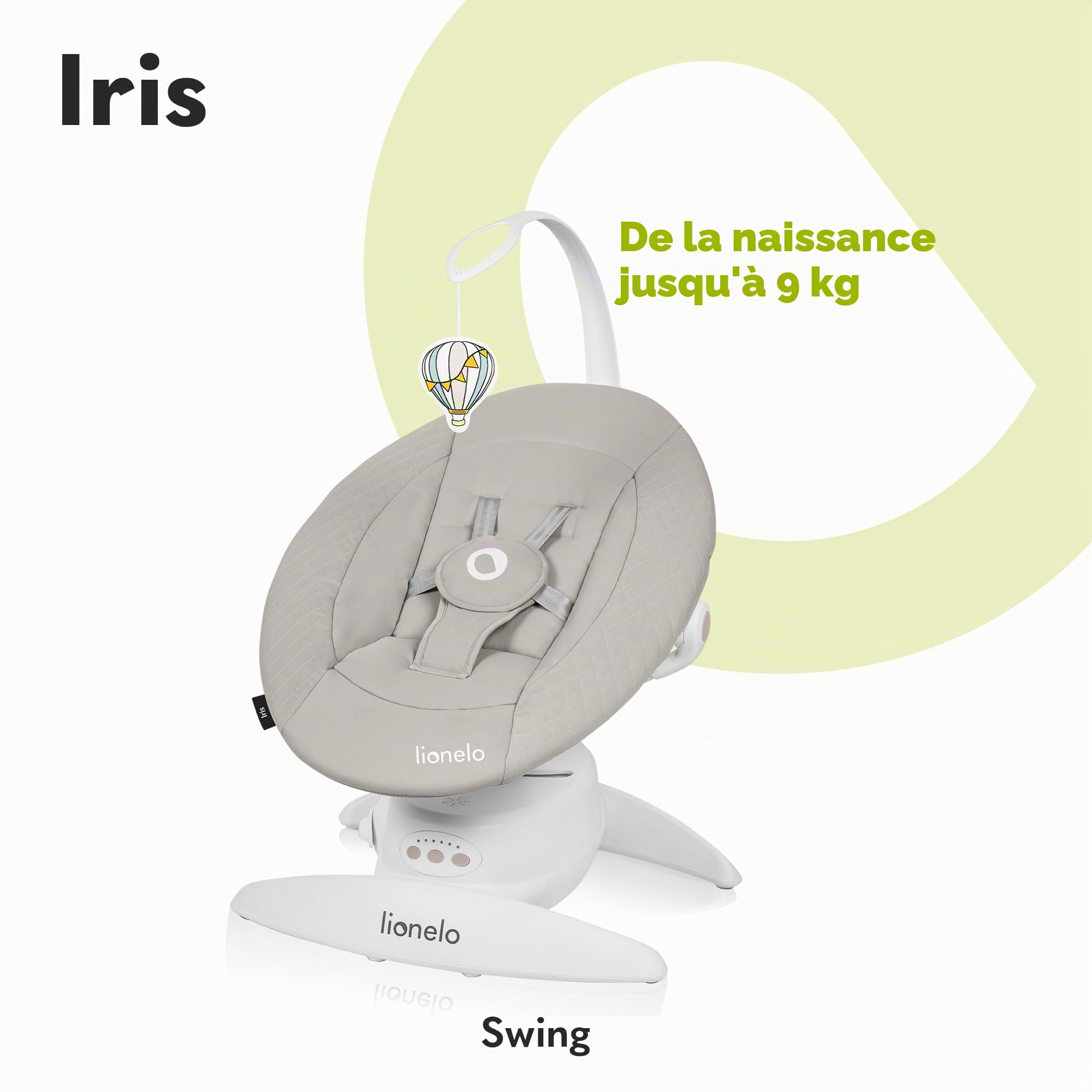 LIONELO Iris Transat Balancelle Électrique Pivotante 360 o pour Bébés jusqu'à 9 kg Dossier Réglable, 5 vitesses de Balancement, Sangles de Sécurité Antidérapantes