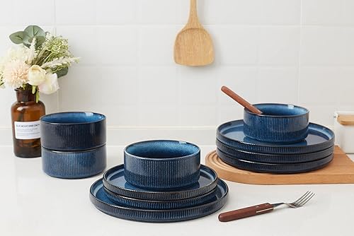 Miniatura 4 de Famiware Juego de vajilla de estrella con platos y cuencos, servicio para 4 (16 piezas), platos de cocina de cerámica, color azul nebulosas