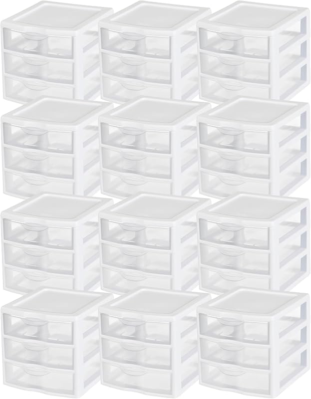 Clearview 3-Drawer Cart Small Plastic Storage Organizer, 12-Pack | White - Organizing Drawers, Containers for Bathroom, Closet, Kitchen, and Bedroom