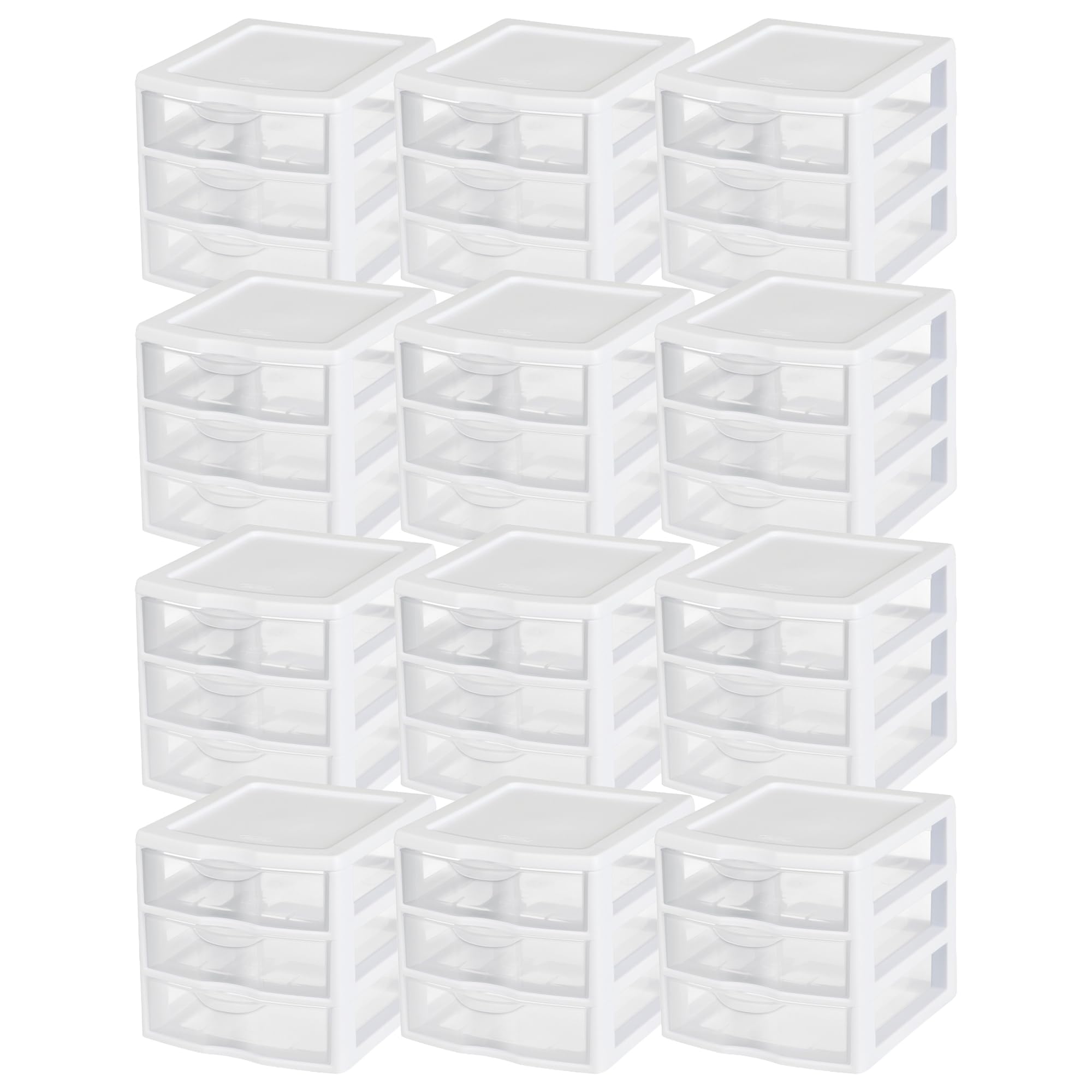 12-Pack ClearView 3-Drawer Cart, Small Plastic Storage Organizer Drawers, White - Organizing Drawer Containers for Bathroom, Closet, Kitchen, and Bedroom
