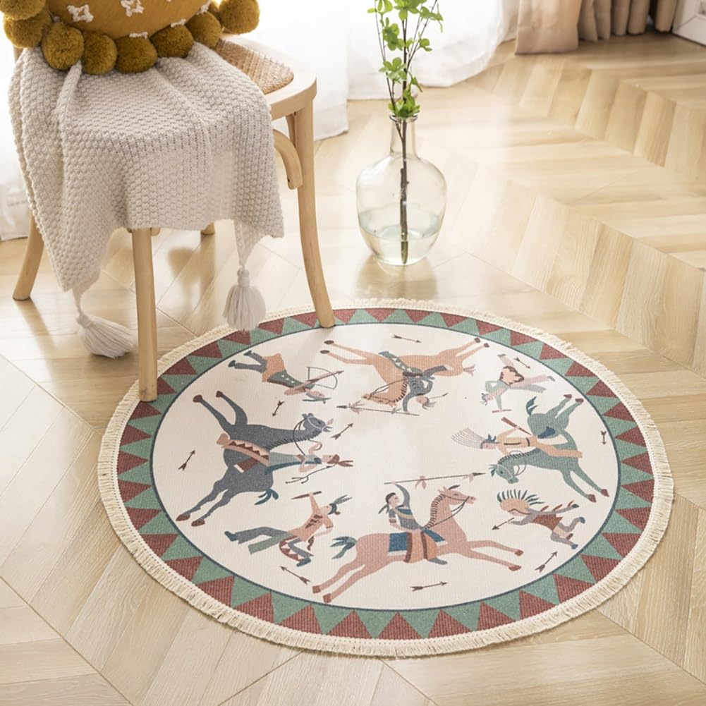 AVCULT Okrągły bawełniany dywan z frędzlami boho mandala tkany bawełniany dywanik zmywalny dywanik do salonu sypialni jadalni (kolor: H, rozmiar: 150 cm)