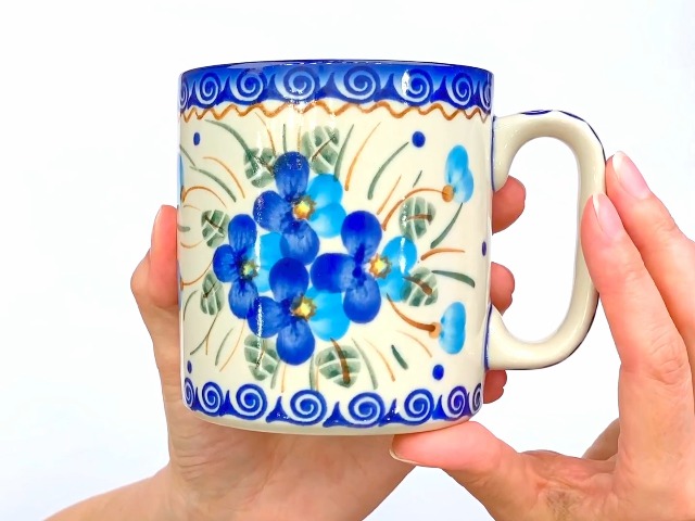Taza de cerámica polaca artesanal 13 oz azul flor miniatura 7