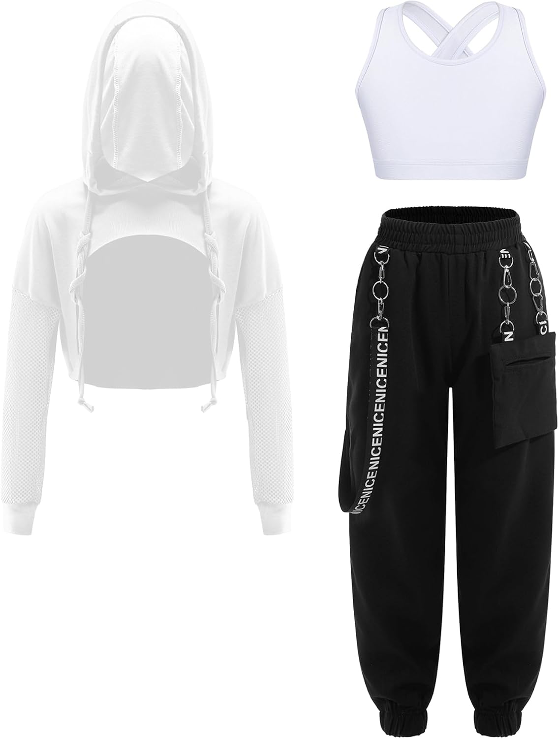 iiniim Girls Jazz Street Dance Outfits 3 Piece Sweatsuits Hip Hop Dance Sweatshirt Sport Bra Jogger Pants Set
