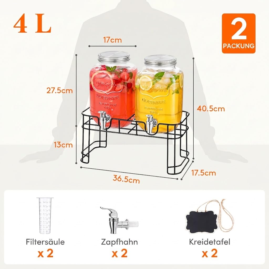 Lifewit 2x4L Getränkespender aus Glas mit Zapfhahn, Eiszylinder und Schild | Trinksäule mit Schild für Cocktail Bier Saft Wasser Tee Getränke, Limonadenspender mit Kühlung für Party Hochzeit Buffet