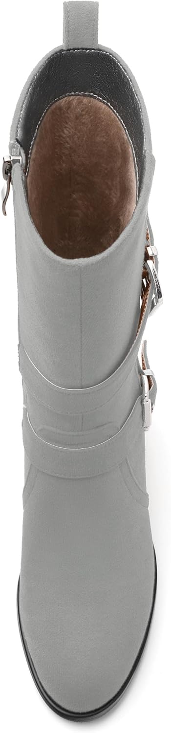Women's Mid-calf Boots, Round Toe Chunky Heel Mid Calf Booties, Side Zipper Fashion Buckle Calf High Boots
