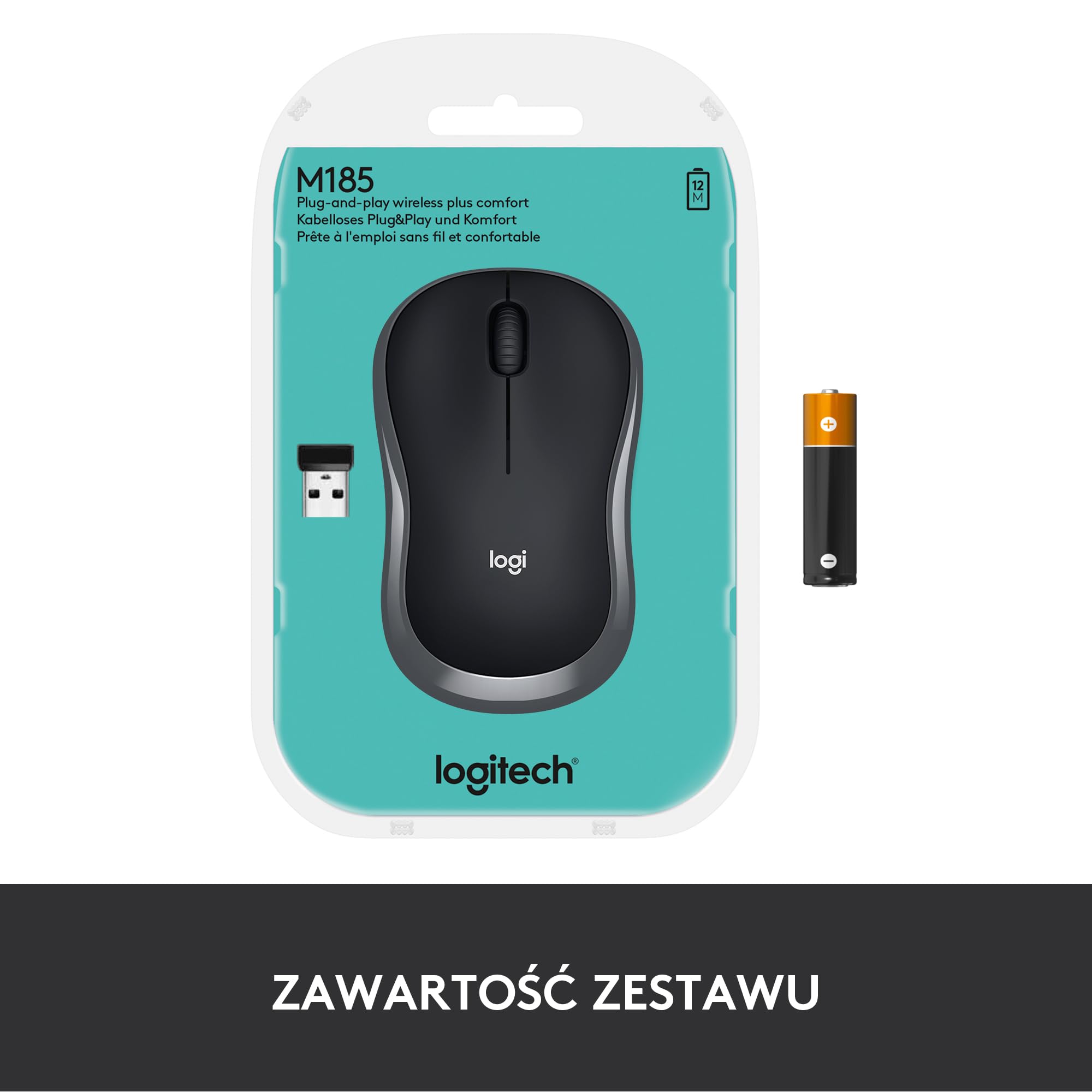Logitech M185 Mysz bezprzewodowa, 2,4 GHz, odbiornik USB | 12-miesięczna bateria, śledzenie optyczne 1000 DPI, oburęczna, kompatybilna z PC, Mac, laptopem - Szary