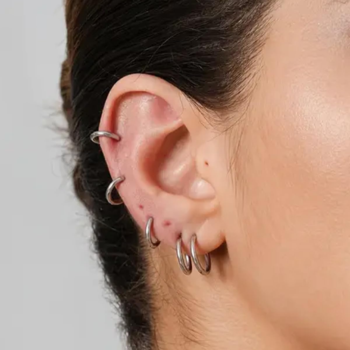 Surgical Steel Huggie Hoop Earrings & Flat Back Studs for Women Men, 6mm-14mm Small Hoops for Cartilage Helix Tragus Lobe, 1-10 Pairs Multiple Piercing Jewelry Set for Sensitive Ears