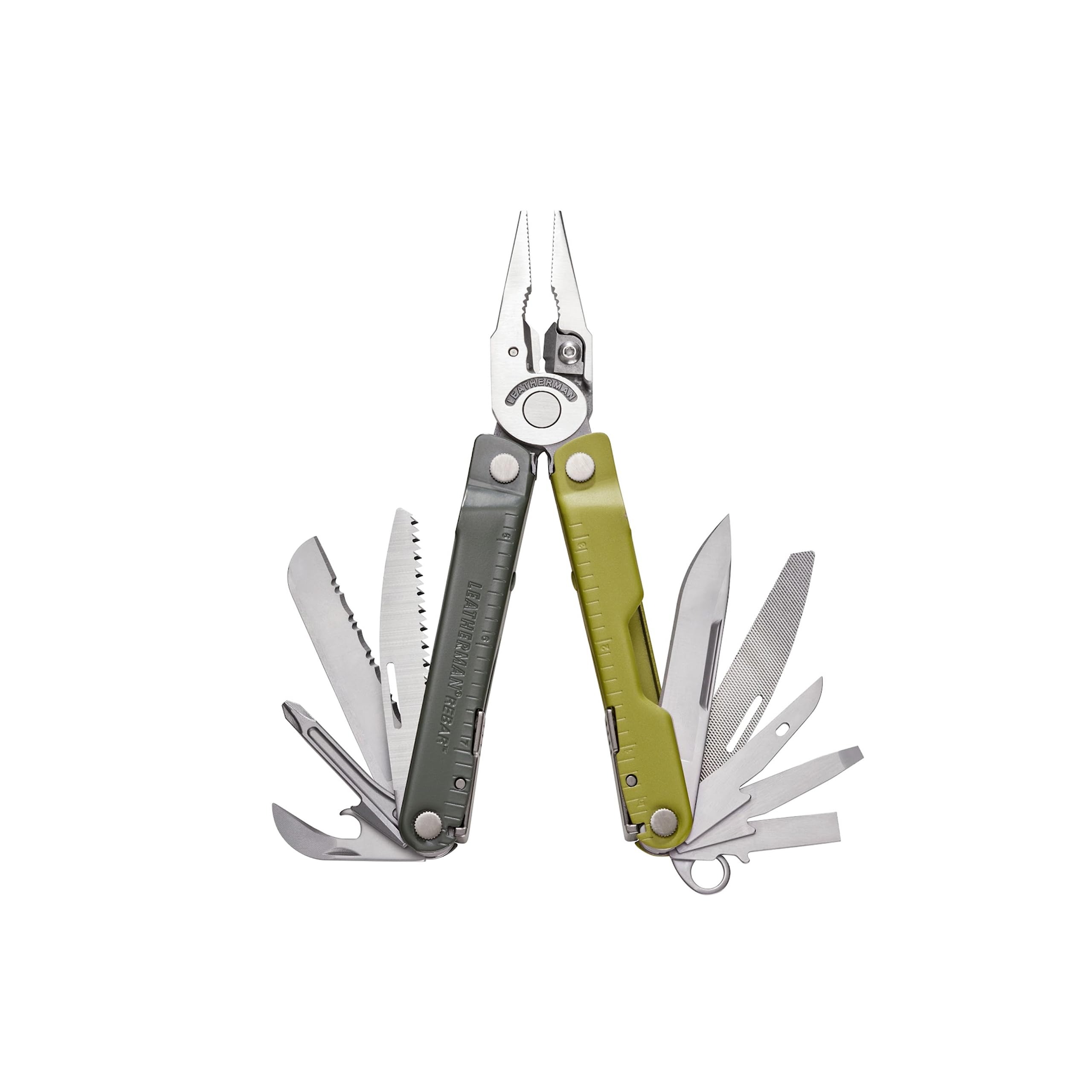 Leatherman Rebar Multi-Tool, Edelstahl, Mossy Slate | 17 Werkzeuge für Heimwerker und Camping