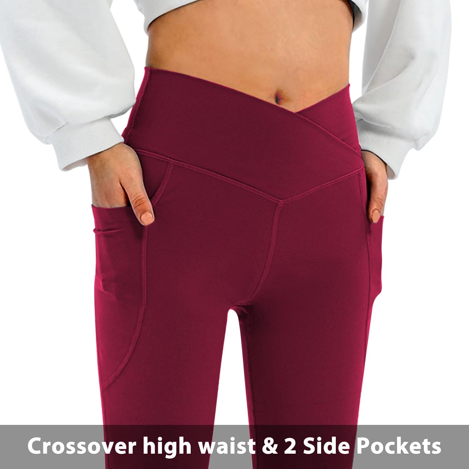 Women's Flare Leggings with Pockets Crossover High Waisted Bootcut Yoga Pants Tummy Control Bell Bottom Leggings - Image 3