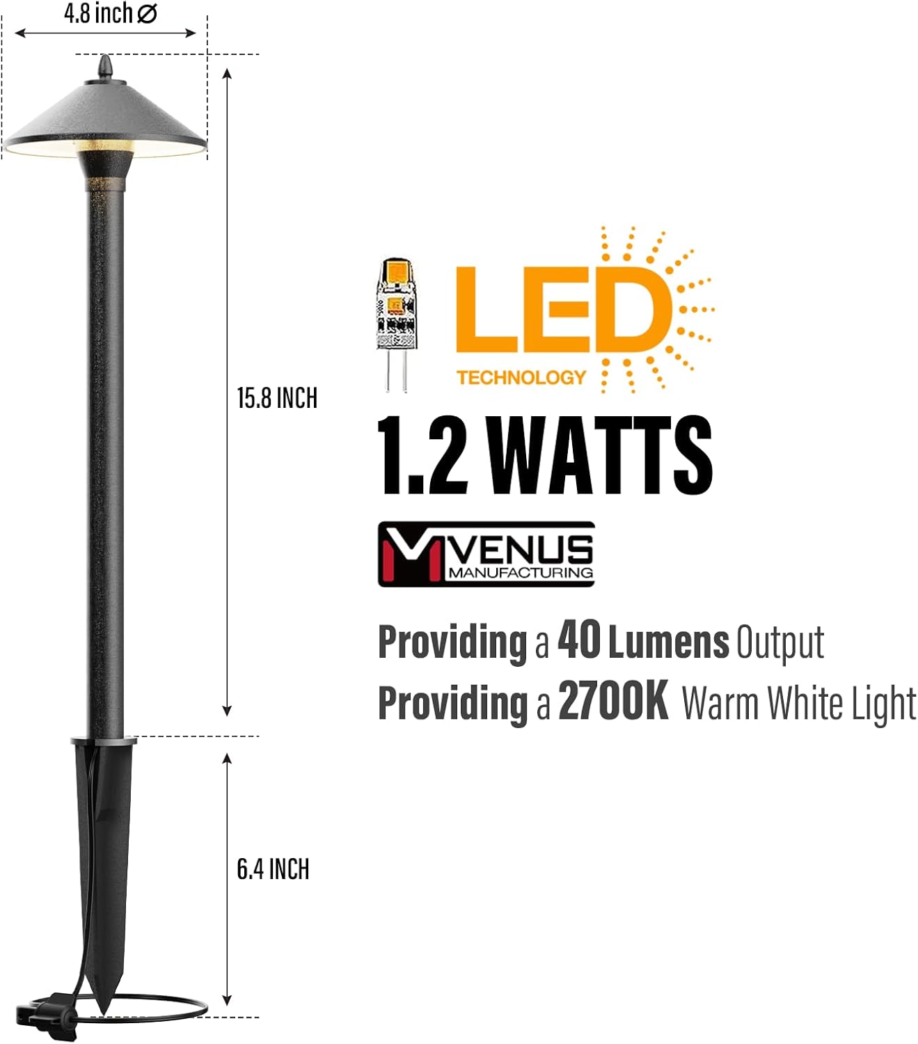 VENUS MANUFACTURING Low Voltage LED Pathway Lights 1.2W Outdoor Landscape Lighting 6 Pack 40 Lumen Landscape Path Lights 2700K for Lawn Patio Yard Walkway Driveway Pathway Garden