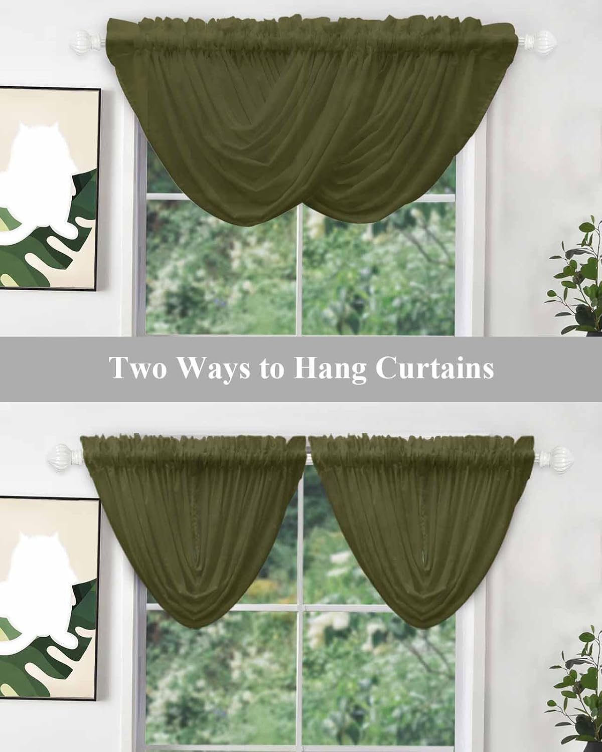 LooPoP Waterfall Valances for Windows Green Solid Color Swag Valance Curtains Dark Olive Sheer Valance Window Treatment for Living Room Kitchen Bedroom Bathroom Rod Pocket Curtain Drape 3 Panels