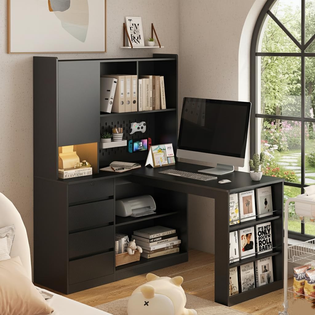 RuiSiSi L Shaped Offic Desk with Hutch, Wood Home Executive Desk with Pegboard, Bookshelf & Storage Shelves, Corner Gaming Desk with LED Light, Black