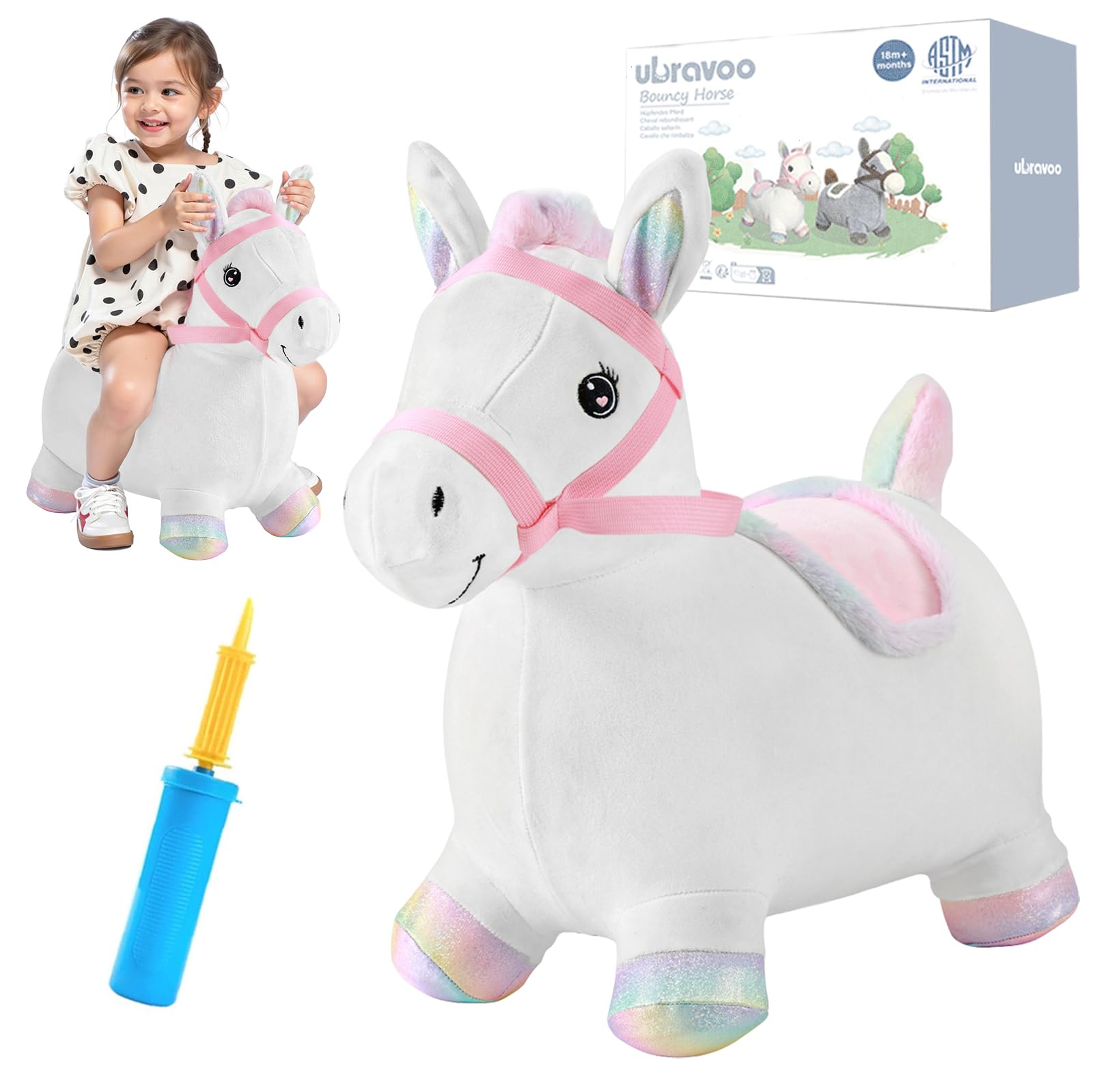 UBRAVOO Hüpf-Tier für Kinder Pferd, aufblasbares Plüschtier Hüpfspielzeug für Kleinkinder, Baby-Geburtstagsgeschenke für Babys im Alter von 18 Monaten bis 4 Jahren (Regenbogen Pony)