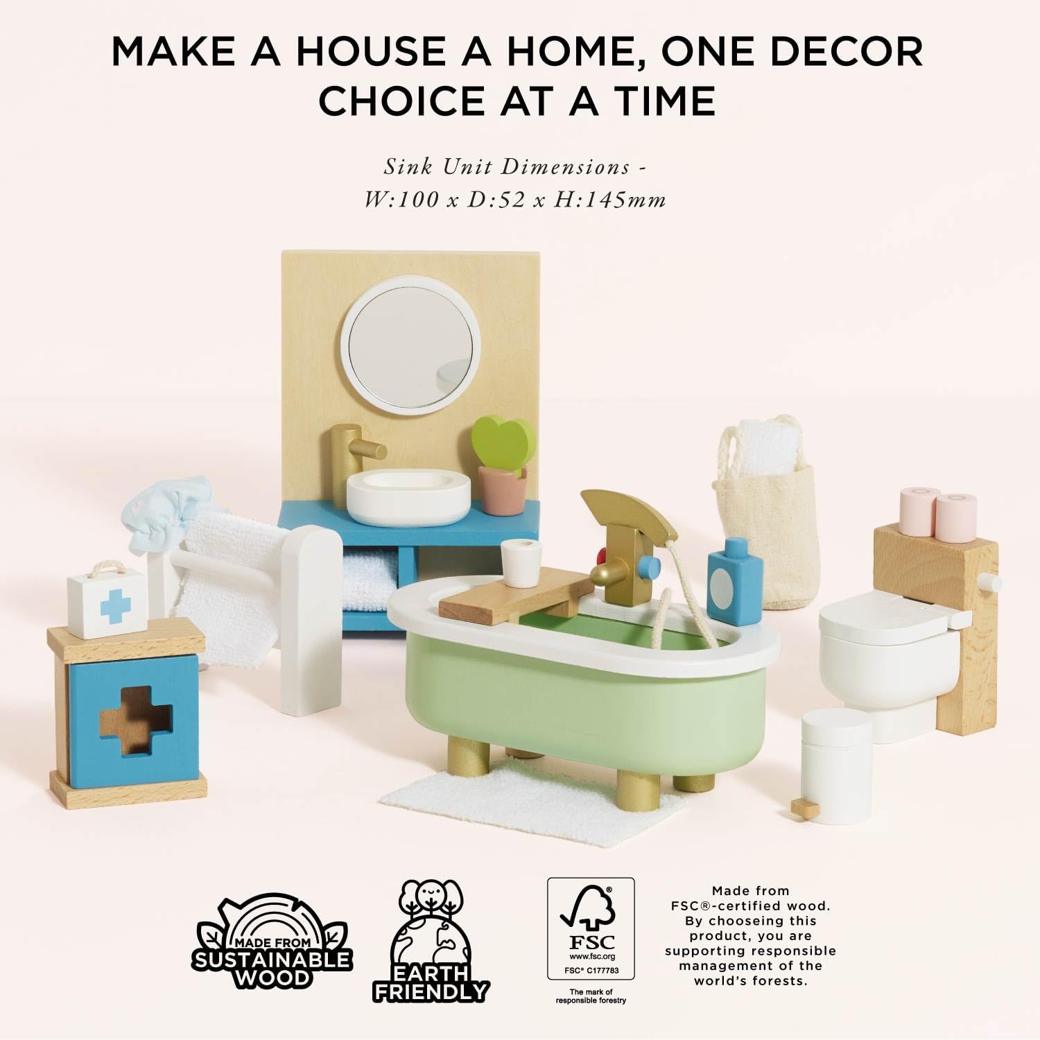 Le Toy Van - Daisylane Bathroom Premium Wooden Toys Dolls House Accessories |Playset For Doll House | Girls Dolls House Furniture Sets - Suitable For Ages 3+