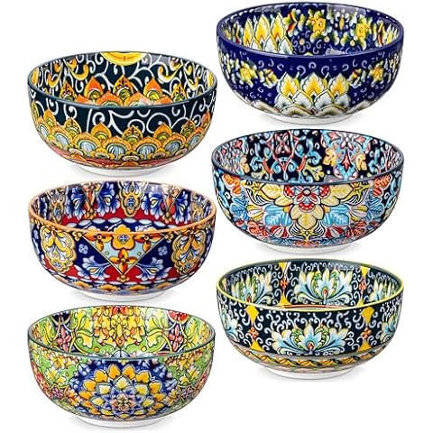 vancasso Cereal Bowls Set of 6, Bohemian Ceramic Soup Bowls, 28 oz Colorful Bowls Set for Kitchen, Dishwasher & Microwave Safe for Salad, Pasta, Rice, Oatmeal, Fruit Cover
