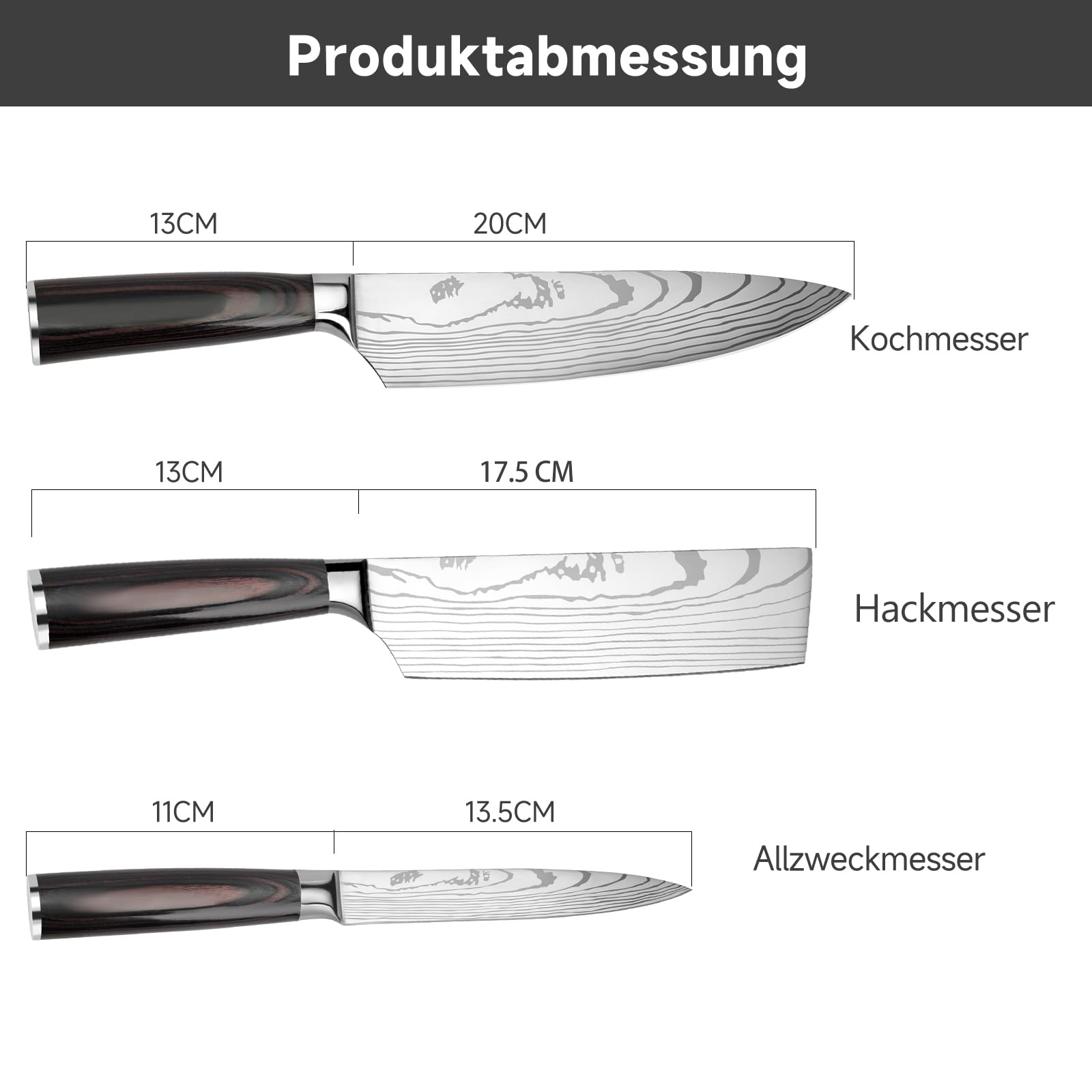 Messerset 3-tlg Küchenmesser Set aus Hochwertigem Carbon Edelstahl, Profi Messer Set mit Chefmesser Hackmesser Allzweckmesser, Präzises Schneiden – Geschenk für Kochbegeisterte – Geschenkverpackung