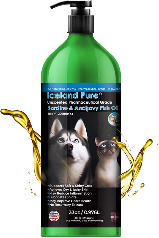 Óleo de Sardinha e Anchova com Ômega 1296 mg Iceland Pure para Cães e Gatos, Frasco com Bomba 975 mL