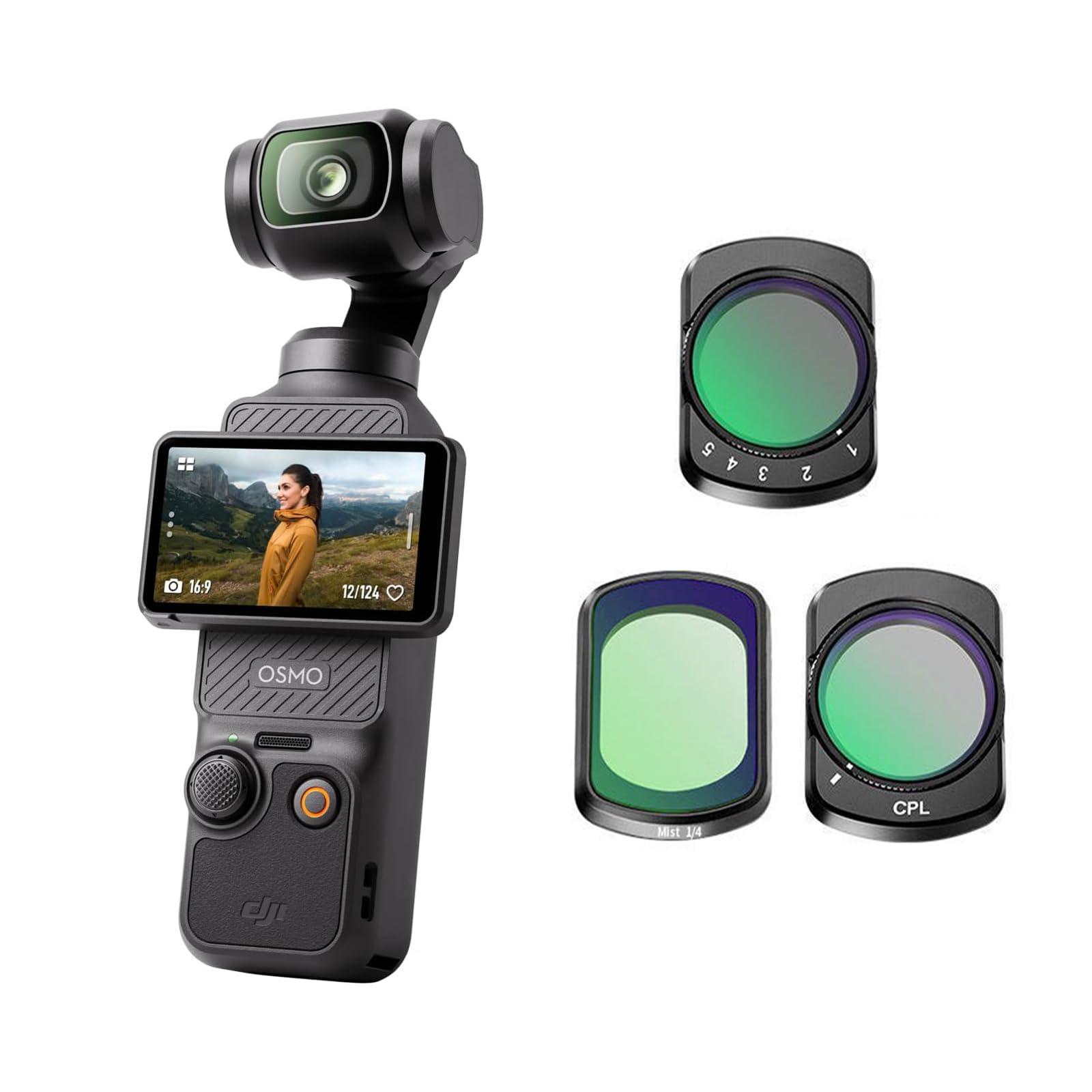 DJI Osmo Pocket 3 con Kit de Accesorios (3 Filtros + Protector), Cámara CMOS 1'' 4K/120fps, Estabilización 3 Ejes, Enfoque y Seguimiento Rápido, Pantalla Giratoria 2
