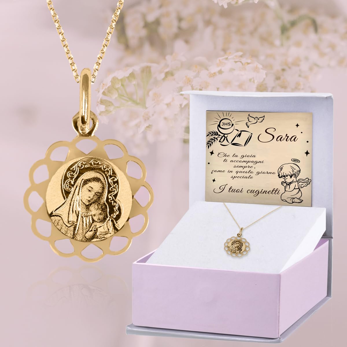 Sakrami Collana da Bambini in Oro 9Kt con Madonna e Gesù Bambina/o a forma di Fiore Kids Collection + Confezione Regalo Personalizzata per Nascita Comunione Battesimo o Cresima