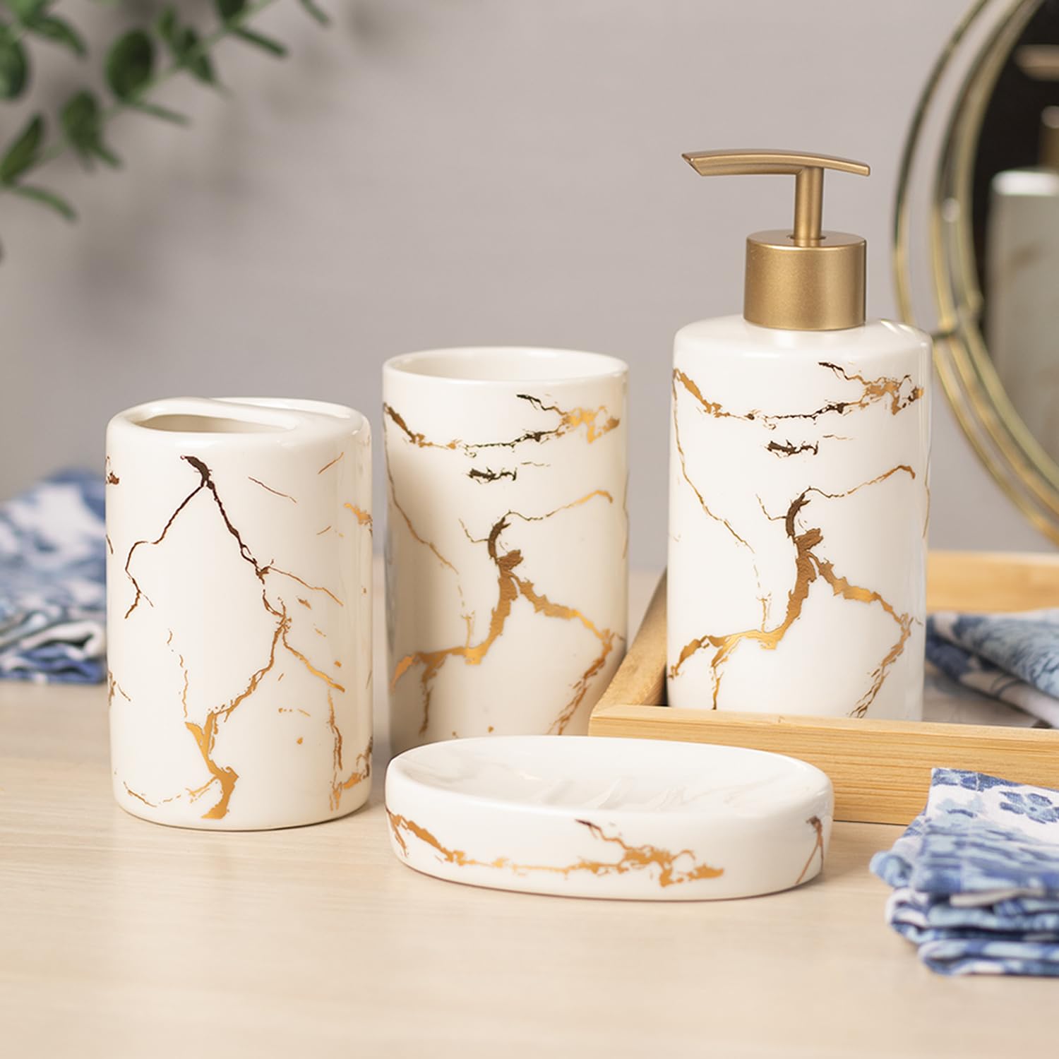 Market99 White Ceramic Bathroom Set of 4 Stone Finish, Bath