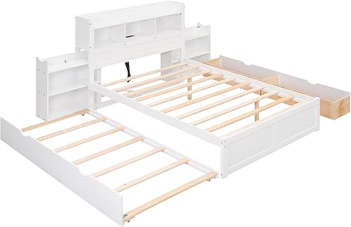 Miniatura 32 de Cama de plataforma de tamaño Queen con cabecero y cajones, marco de cama de plataforma de madera maciza con estantes, puertos USB y enchufes, marco