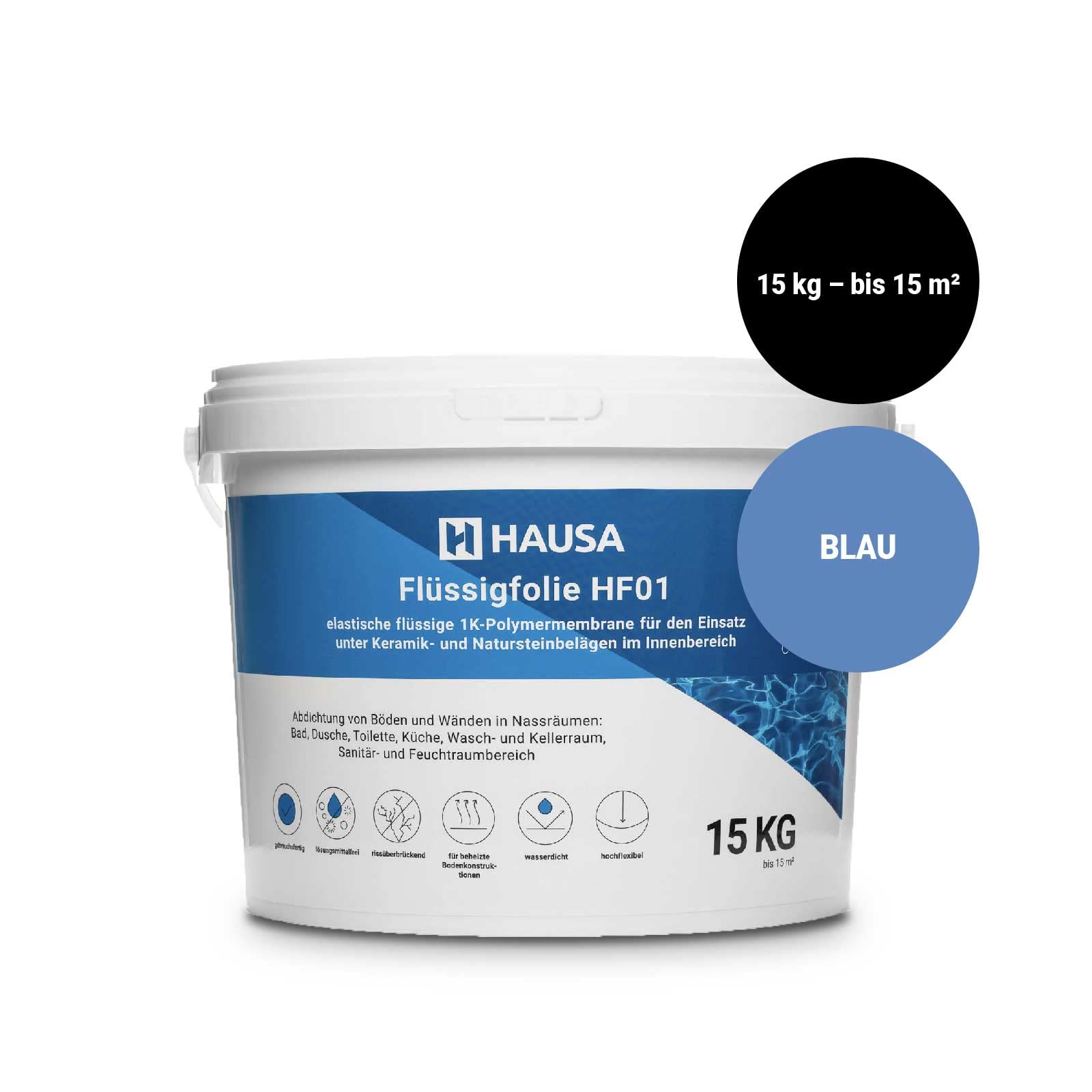 HAUSA Flüssigfolie Dichtfolie für Bad Dusche Küche 15kg bis 15m² blau Badabdichtung Duschabdichtung elastische Abdichtung unter Fliesen absolut wasserdicht lösemittelfrei Dichtmasse