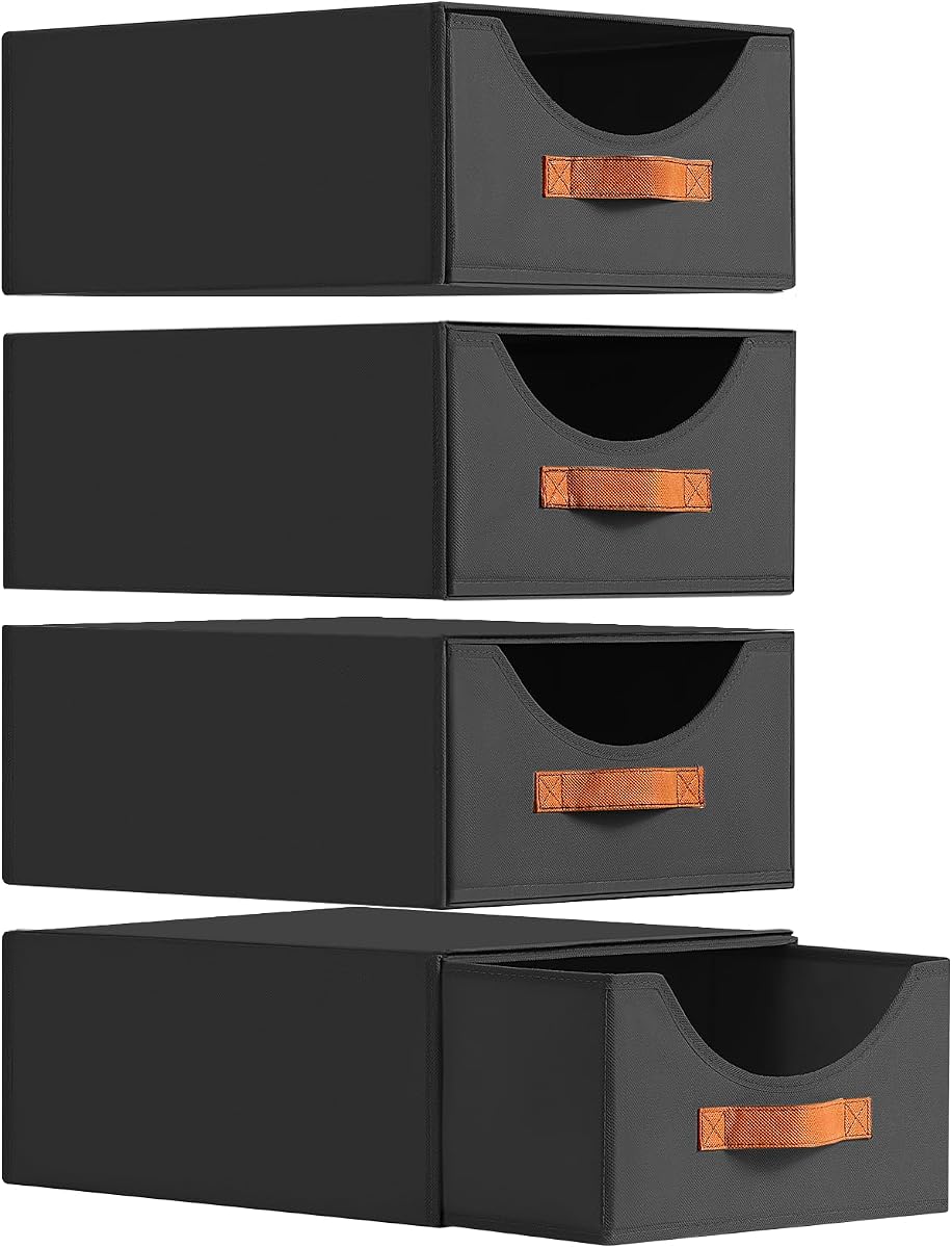 Closet Organizers and Storage - Large Stackable Storage Bins with Drawer, Fabric Bins for Organization, Collapsible Storage Drawers Organizer for Bedroom, Living Room, 4 Pack, Black