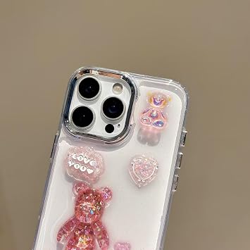 3D Pembe Ayıcık Simli iPhone 15 Plus / 14 Plus Uyumlu Telefon Kılıfı – Şeffaf Silikon Glitter Bear Tasarımlı Darbe Emici