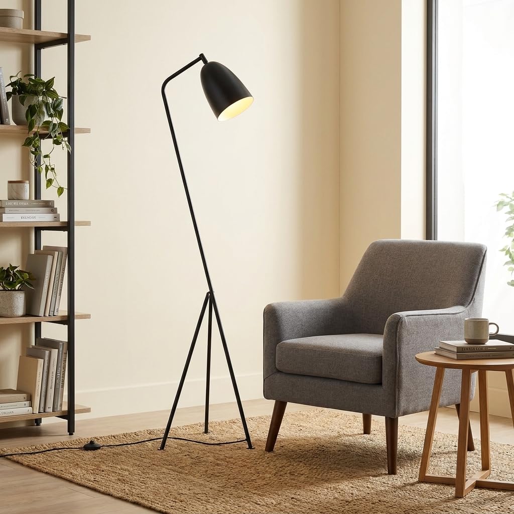 BARCELONA LED Czarna Lampa Podłogowa “Shoppen” Trójnóg 160cm, Czarna Lampa Stojąca Styl Mid Century Skandynawski Industrialny, Regulowany Abażur E27, Nowoczesna Lampa do Salonu