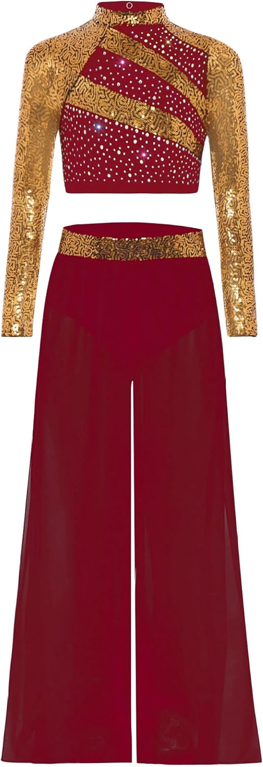 Kids Girls 2 Piece Sequins Jazz Hip Hop Dance Outfits | Shiny Long Sleeve Dance Crop Top and Wide Leg Pants Set Dancewear