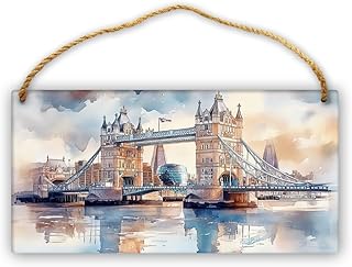 London Bridge Wooden Hanging Board,Home Bathroom,Study,Man cave Wall Art Wood Plank Signs,Charm London Bridge Art Painting,Gift for Landscape Lovers,Bedroom,Cafes,Apartment decor 6x12 inch
