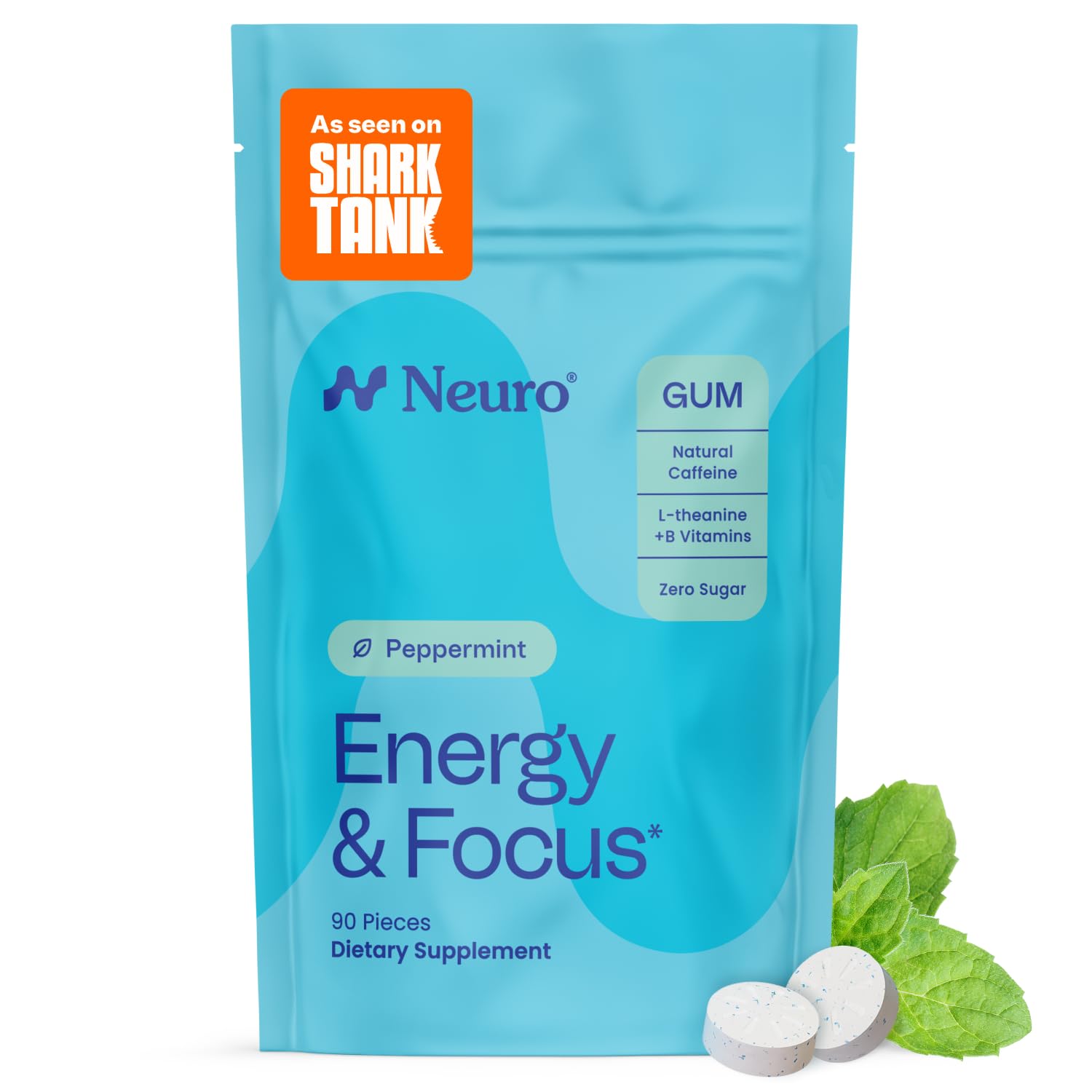 NeuroGum Energy Caffeine Gum (90 Pieces) - Sugar Free with L-theanine + Natural Caffeine + Vitamin B12 & B6 - Nootropic Energy & Focus Supplement for Women & Men - Keto & Vegan, Peppermint Flavor