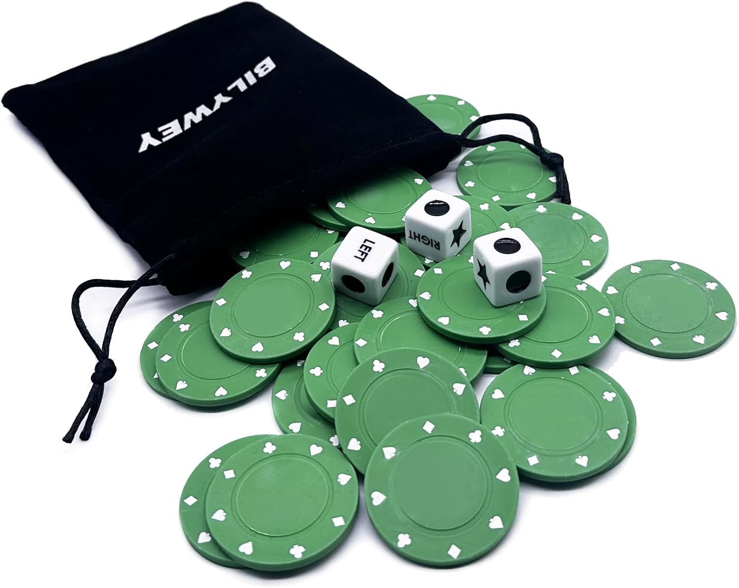 Annietfr Upgrade Left Right Center Dice Game Set with 3 Dices + 30pcs 4cm Green Poker Chips + Black Storage Carry Tin (Green)