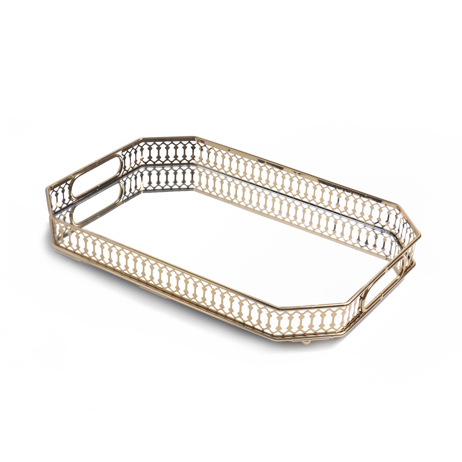 Vassoio per piatti piani da 33 x 20 cm, vassoio decorativo a specchio con design intagliato in metallo dorato, base in vetro, organizer per gioielli in vetro e metallo, oro