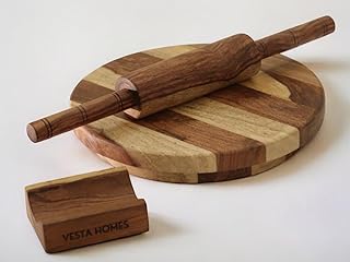 Vesta Homes Wooden Chakla Belan Set | Premium Solid Wood Roti Rolling Board and Pin with Stand | 10 * 10 * 1.5, 13 * 1.75 Inches | No Chemical Polish | Handcrafted in India