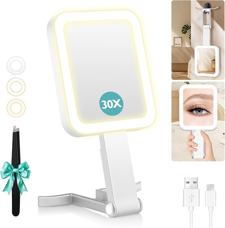 Espelho compacto de viagem B Beauty Planet com luzes, dupla face 1X/30X, 3 cores de iluminação e brilho ajustável, branco
