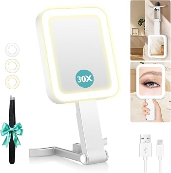 B Beauty Planet Travel Makeup Mirror with Lights, Double-Sided 1X/30X Magnifying Mirror, 3 Color Lighting & Brightness Adjustable, Portable &Foldable Handheld Mirror with LightsWhite