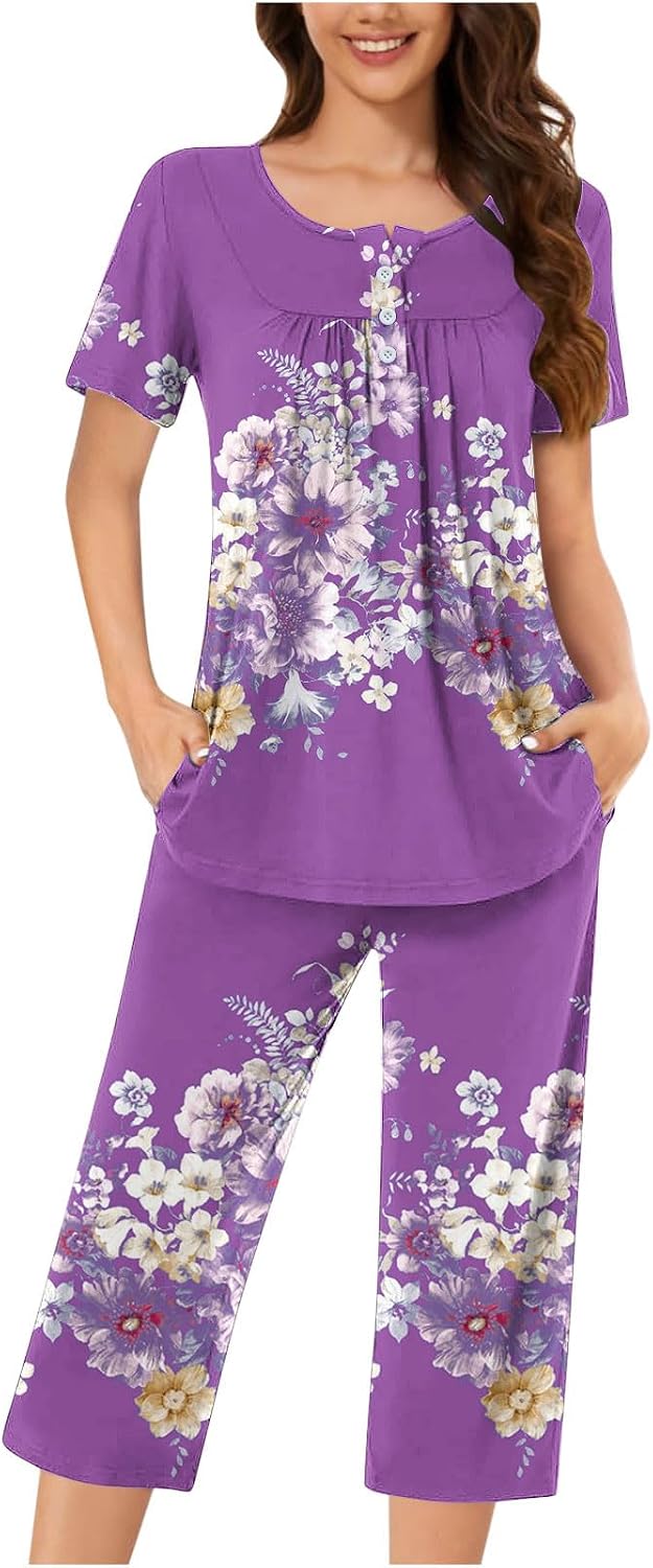 Pajama Set for Women Short Sleeve Sleepwear Floral Print Tops Capri Pants 2 Piece Lounge Sets Button V Neck Pjs Sets