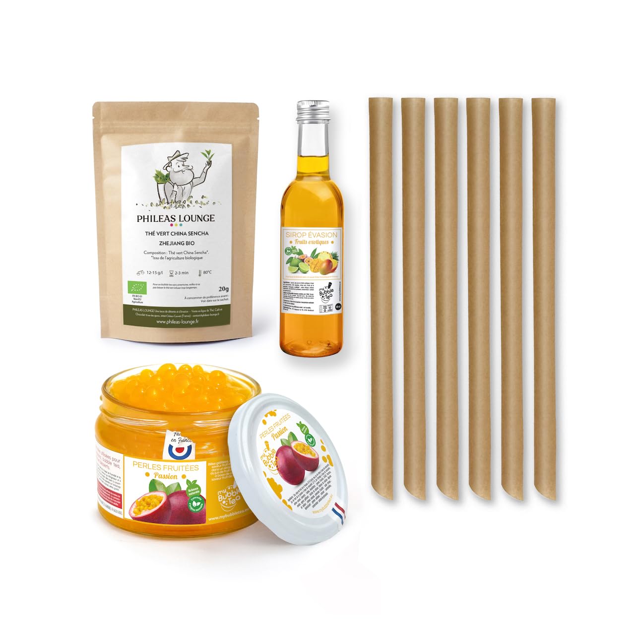 KIT BUBBLE TEA MANGUE - FABRIQUÉ EN FRANCE - 6 BUBBLE TEA - Pailles canne à sucre incluses - Vegan et sans gluten