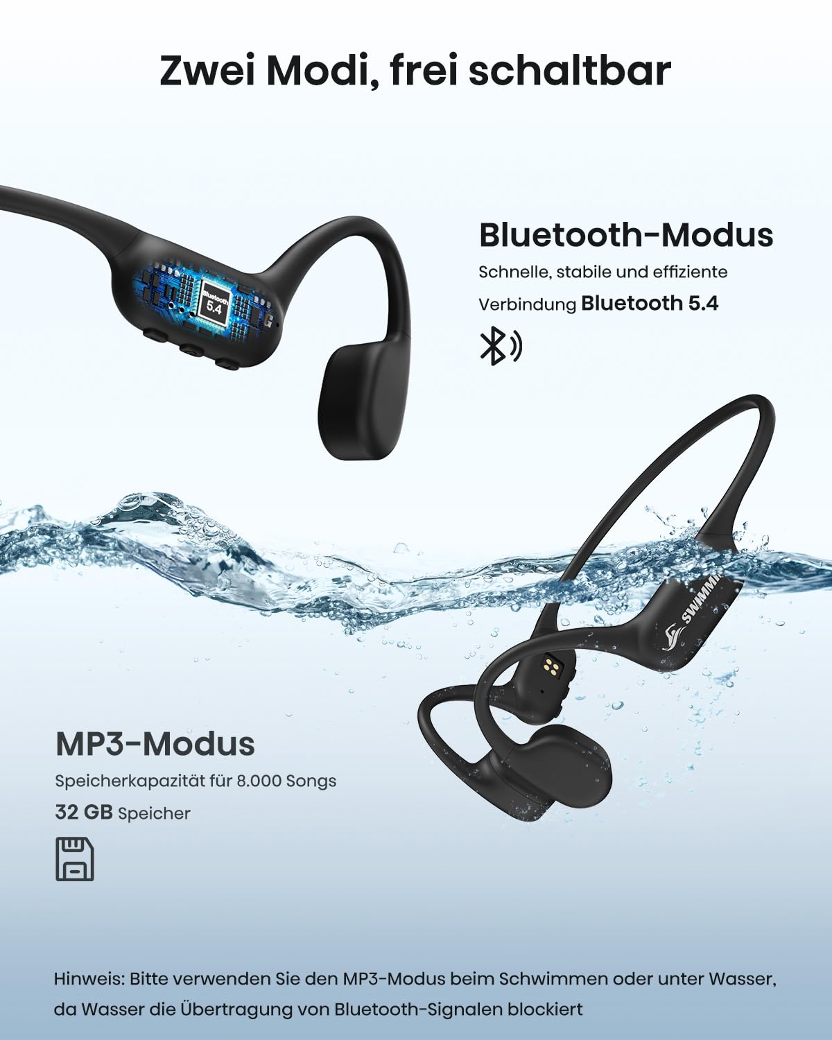 Guudsoud Kopfhörer Schwimmen,IP68 wasserdichte Knochenschall Kopfhörer mit MP3 Player 32GB Speicher, Bluetooth 5.4, Kabellose Open-Ear Sport-kopfhörer Unterwasser Ohrhörer für Laufen,Radfahren,Surfen
