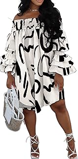Off Shoulder Dress for Women A-Line Ruffle Sleeve Casual Plus Size Midi Pleated Sundress - Buy now