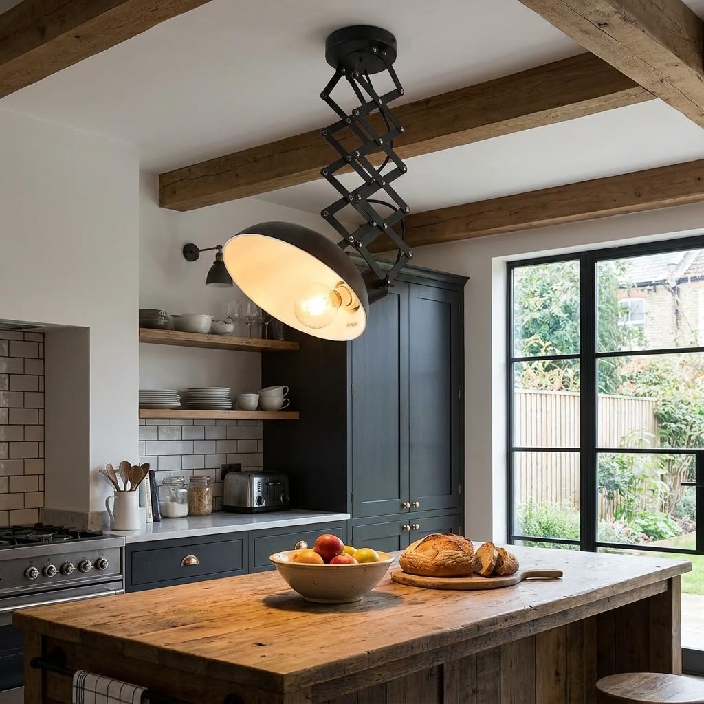 BARCELONA LED Vintage Industrielle Deckenlampe Ausziehbar Scherenarm Pendelleuchte E27, Metall Schwarz Matt, 220–240V, 40W, Verstellbar, Wohnzimmer Küche Schlafzimmer Büro Loft Beleuchtung