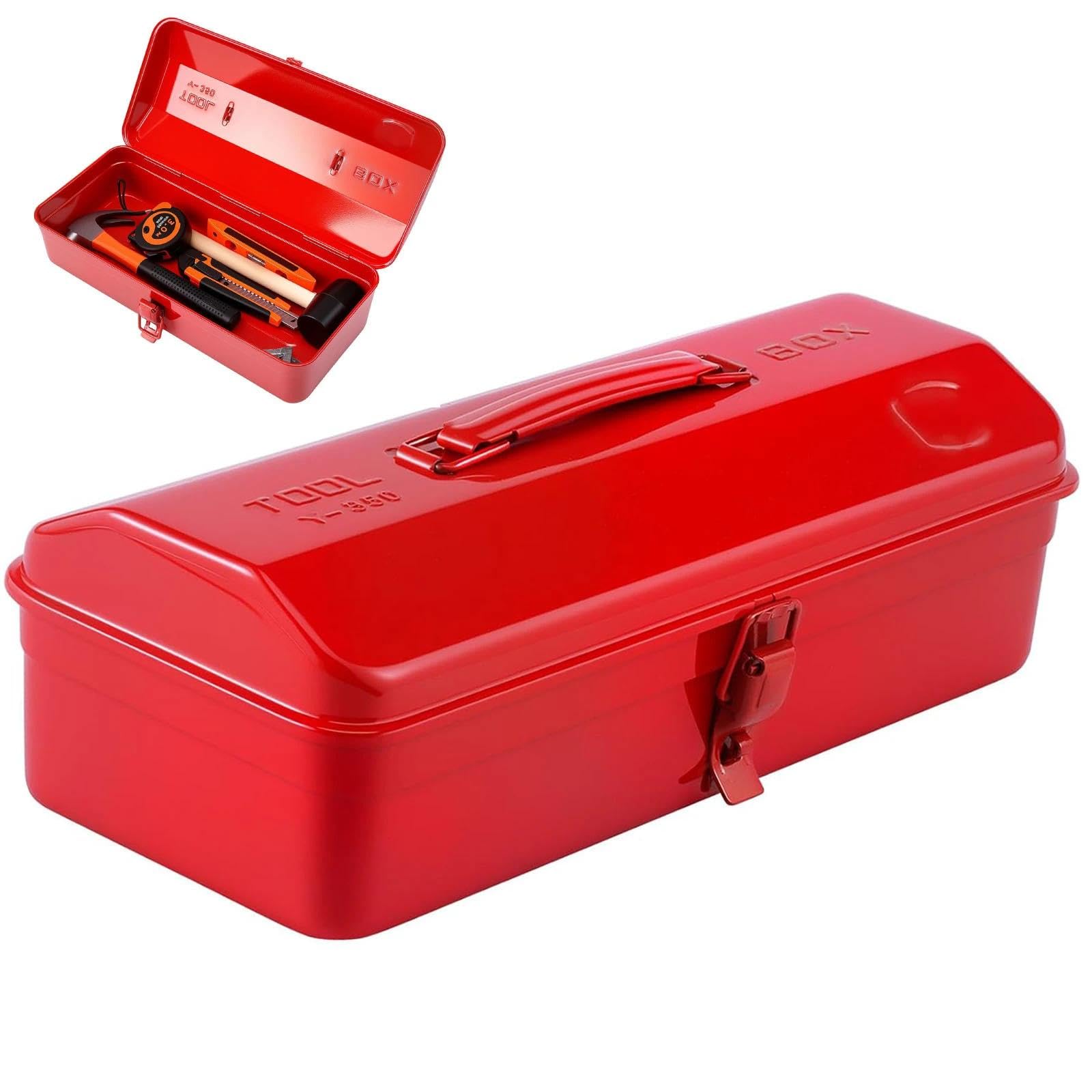 Metal Tool Storage Box with Handle, 14-Inch Lockable Organizer with Lid, Professional Steel Hardware Organiser for Garage, Suitable for Wrenches Screwdrivers Home DIY Garage Garden Red 36x15x11.5cm