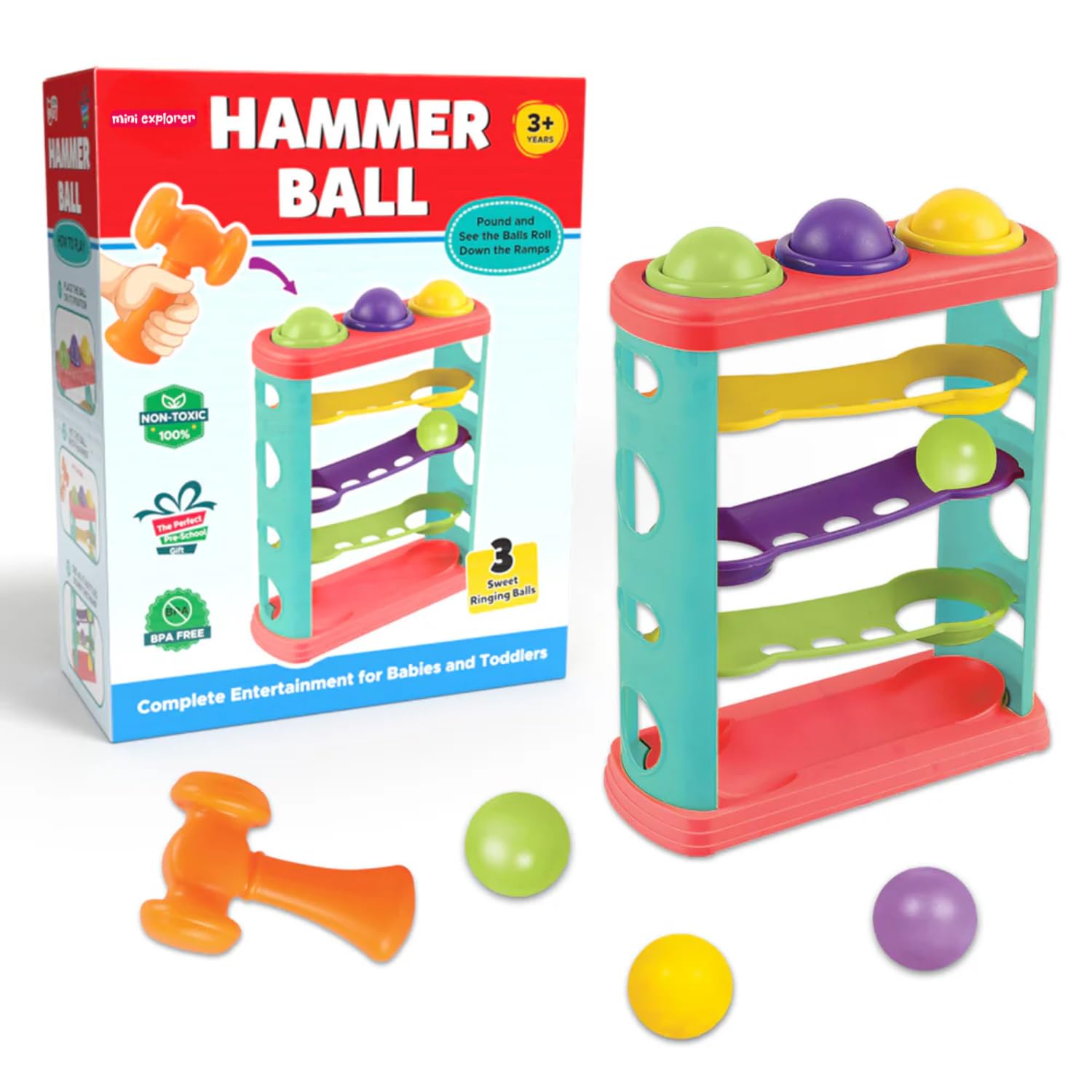 MiniExplorer Hammer Knock Ball for Babies and Toddlers - Pound and See The Balls roll Down The ramps for Infants Kids Boys Girls