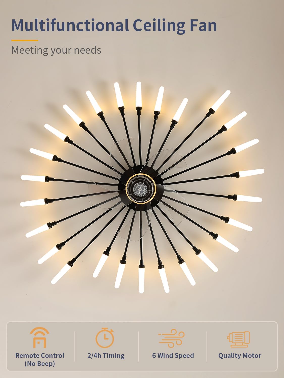 Modern Bladeless Ceiling Fan with Lights, 39" Low Profile Flush Mount Ceiling Fan with Remote, Stepless Dimming 3000–6000K LED, 6-Speed Reversible Quiet Fan for Bedroom, Living Room, Kitchen, Black