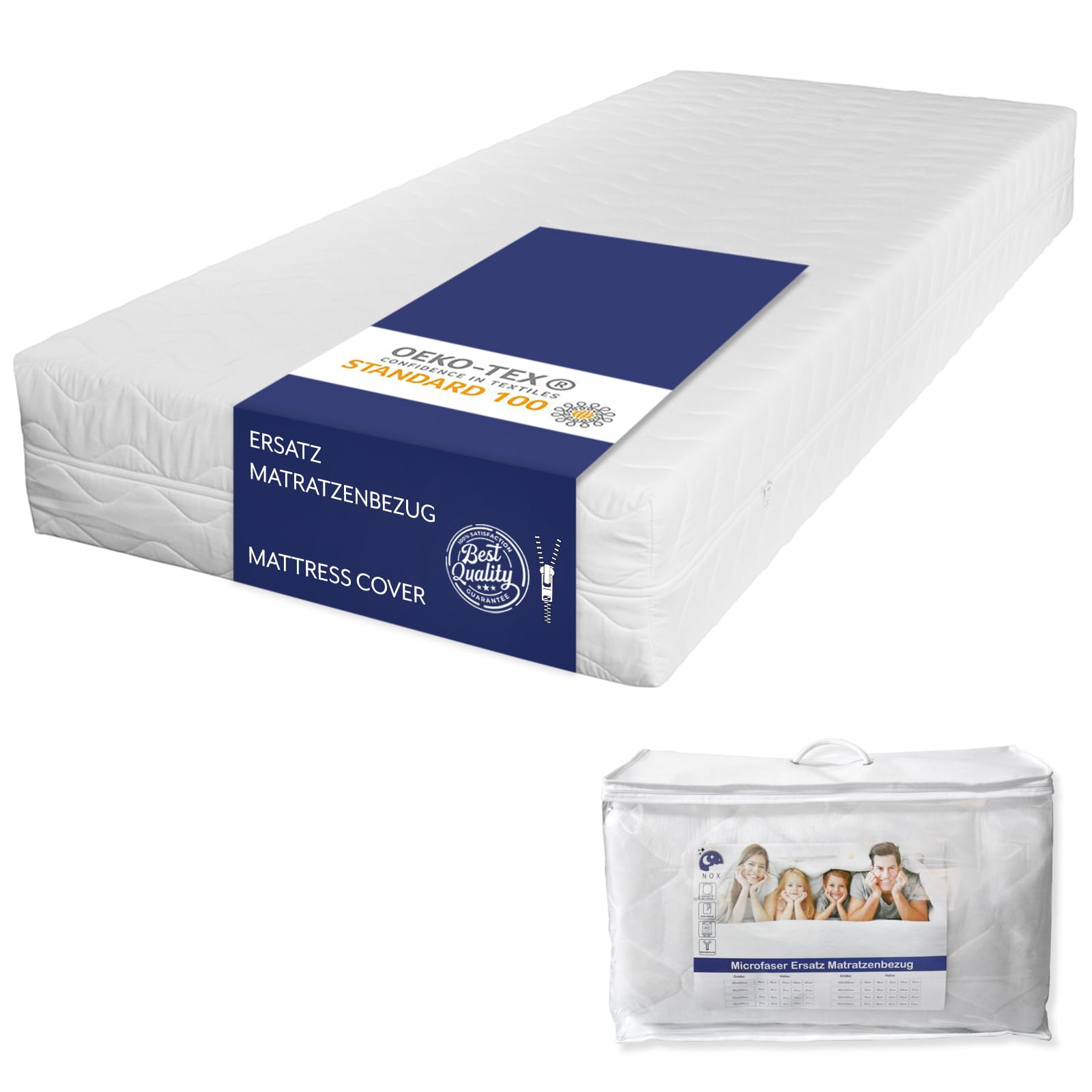 TULENA Microvezelhoes met ritssluiting voor matras, 90x200 cm, hoogte van 23 tot 25 cm, gewatteerd, wit, hypoallergeen, Öko-Tex gecertificeerd